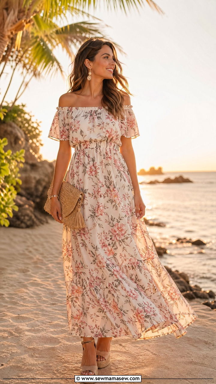Off the Shoulder Maxi Dress Beach Outfit - 35 classy beach vacation outfit ideas