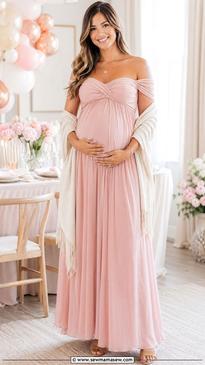 Off the Shoulder Maxi Dress with Delicate Necklace - 35 cute baby shower outfits