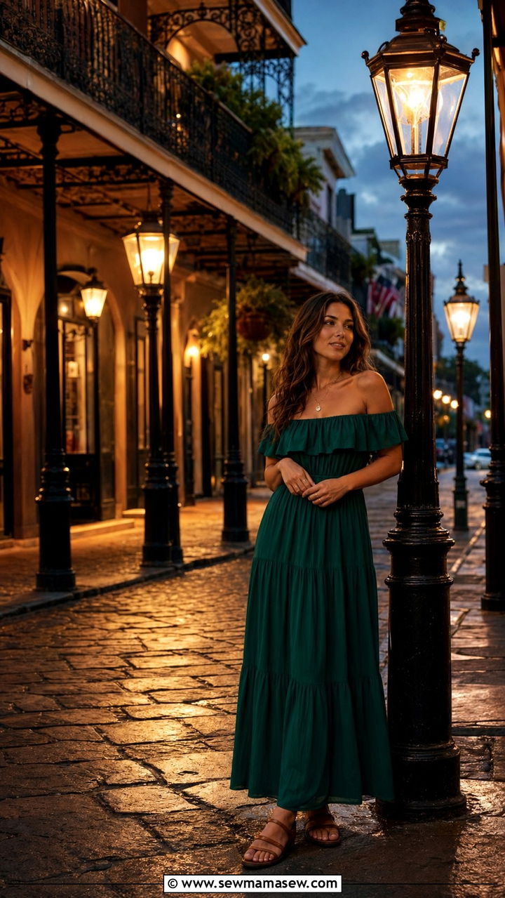 Off the Shoulder Maxi Dress with Sandals - 35 New Orleans outfit ideas