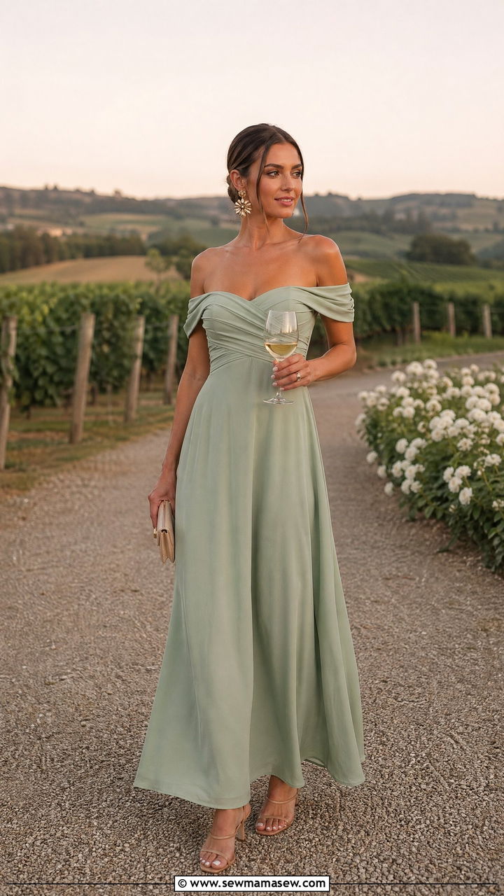 Off the Shoulder Maxi Dress with Statement Earrings - 35 summer engagement party outfit ideas