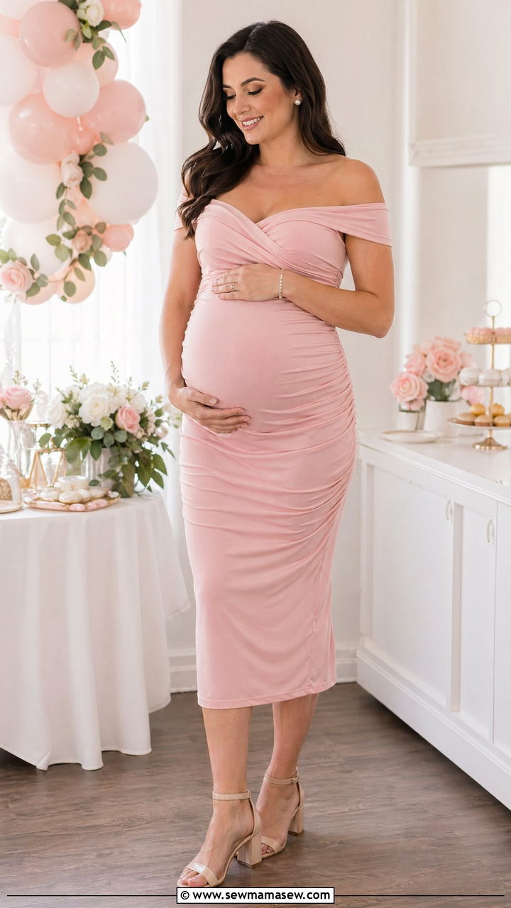 Off the Shoulder Midi Dress with Low Heels - 35 cute baby shower outfits