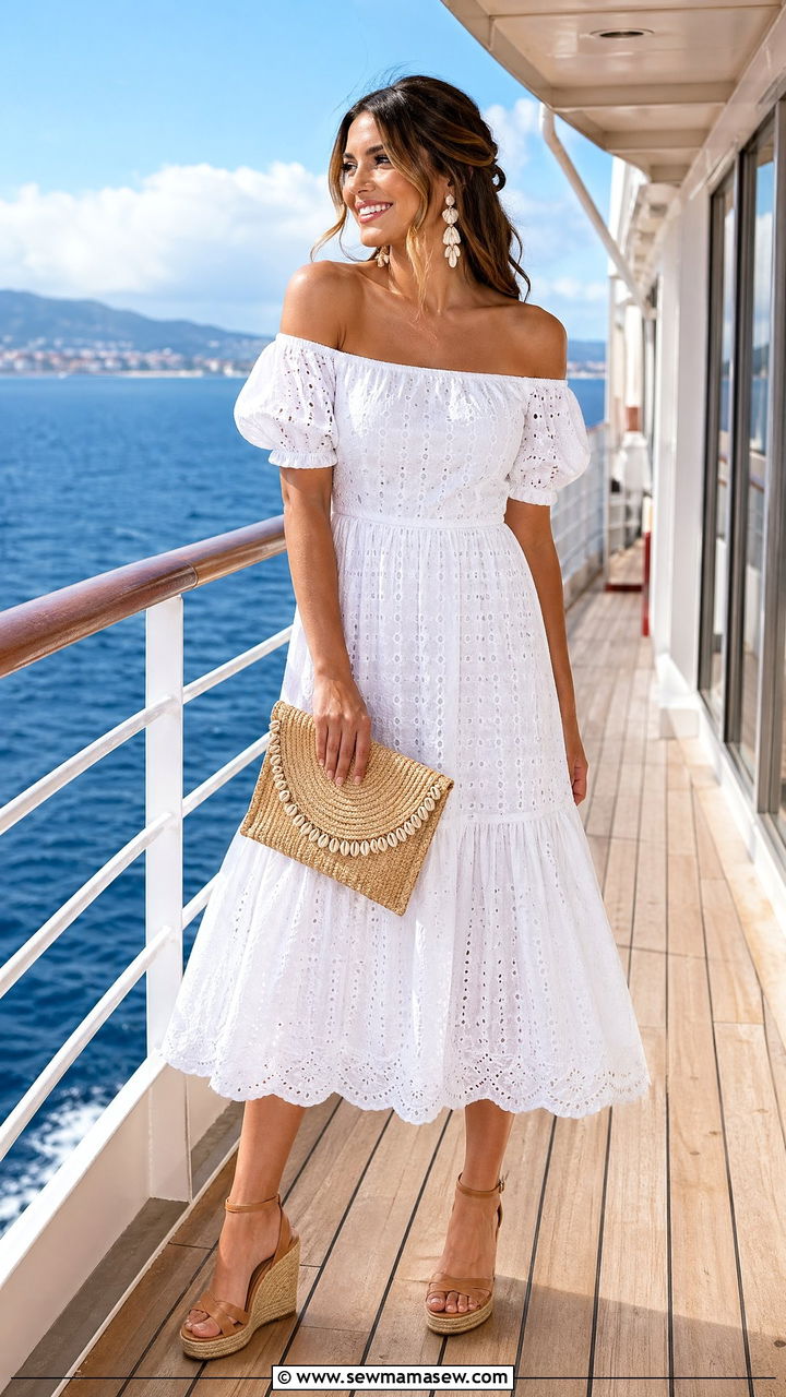 Off the Shoulder Midi and Wedge Sandals - 35 classy cruise outfit ideas