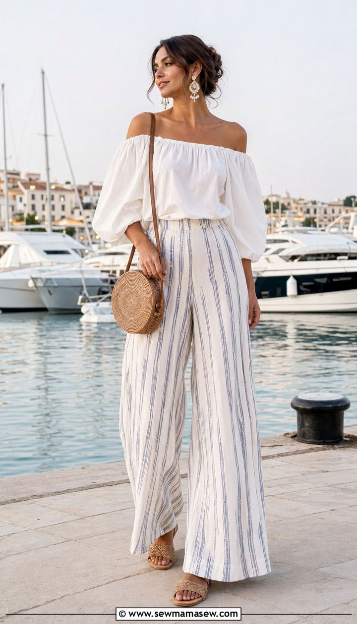 Off the Shoulder Top and Flowy Pants Resort Outfit - 35 resort outfit ideas for women