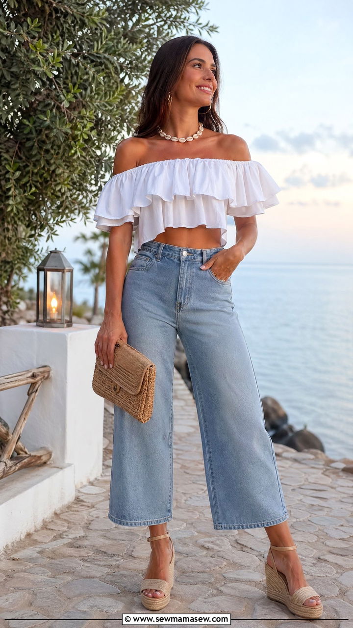 Off the Shoulder Top and Wedge Sandals with Wide Leg Jeans - 35 wide leg jeans outfits for women