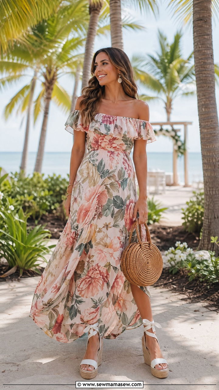 Off the shoulder floral maxi with wedge espadrilles - 35 summer wedding guest outfit ideas
