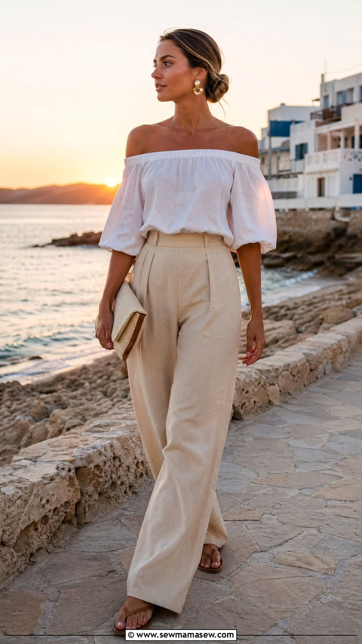 Off the shoulder linen top with wide leg trousers - 35 classy hot weather outfits