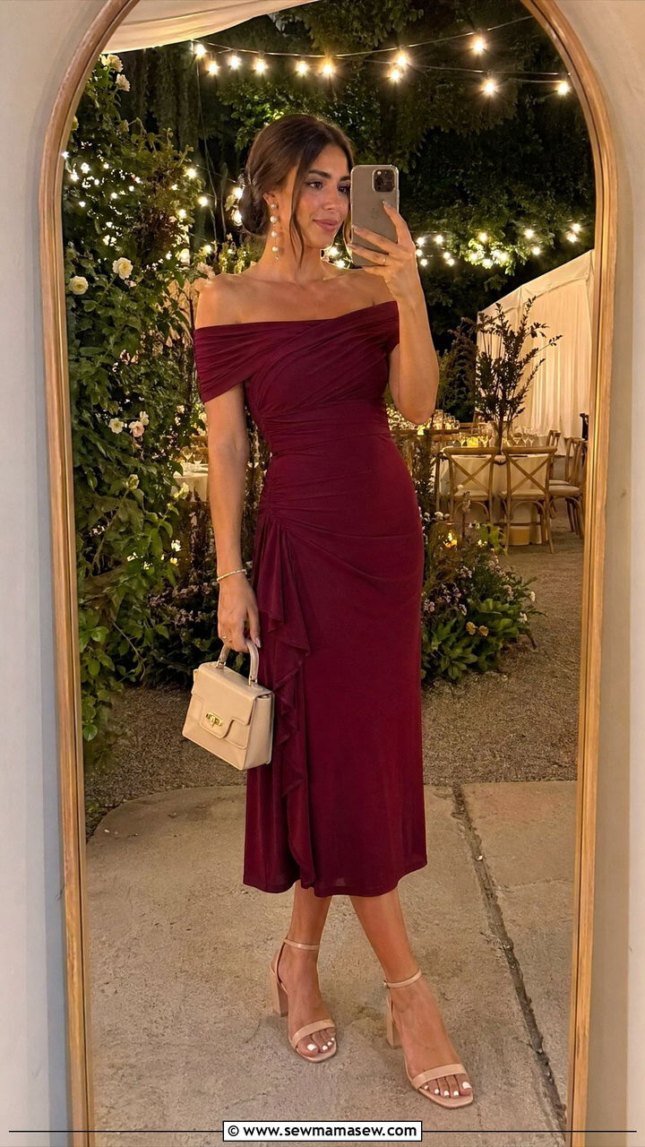 Off the shoulder midi dress with block heels - 35 Casual wedding guest outfit ideas