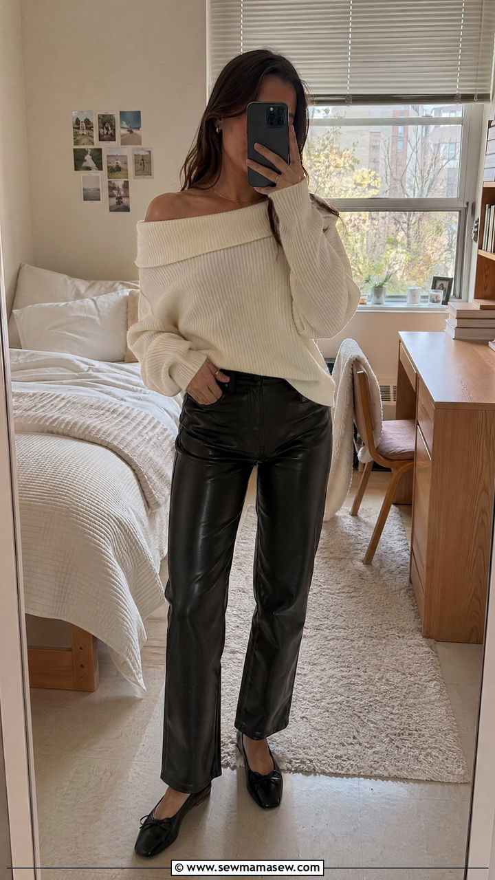 Off the shoulder sweater with leather look pants and ballet flats - 35 cute college outfits