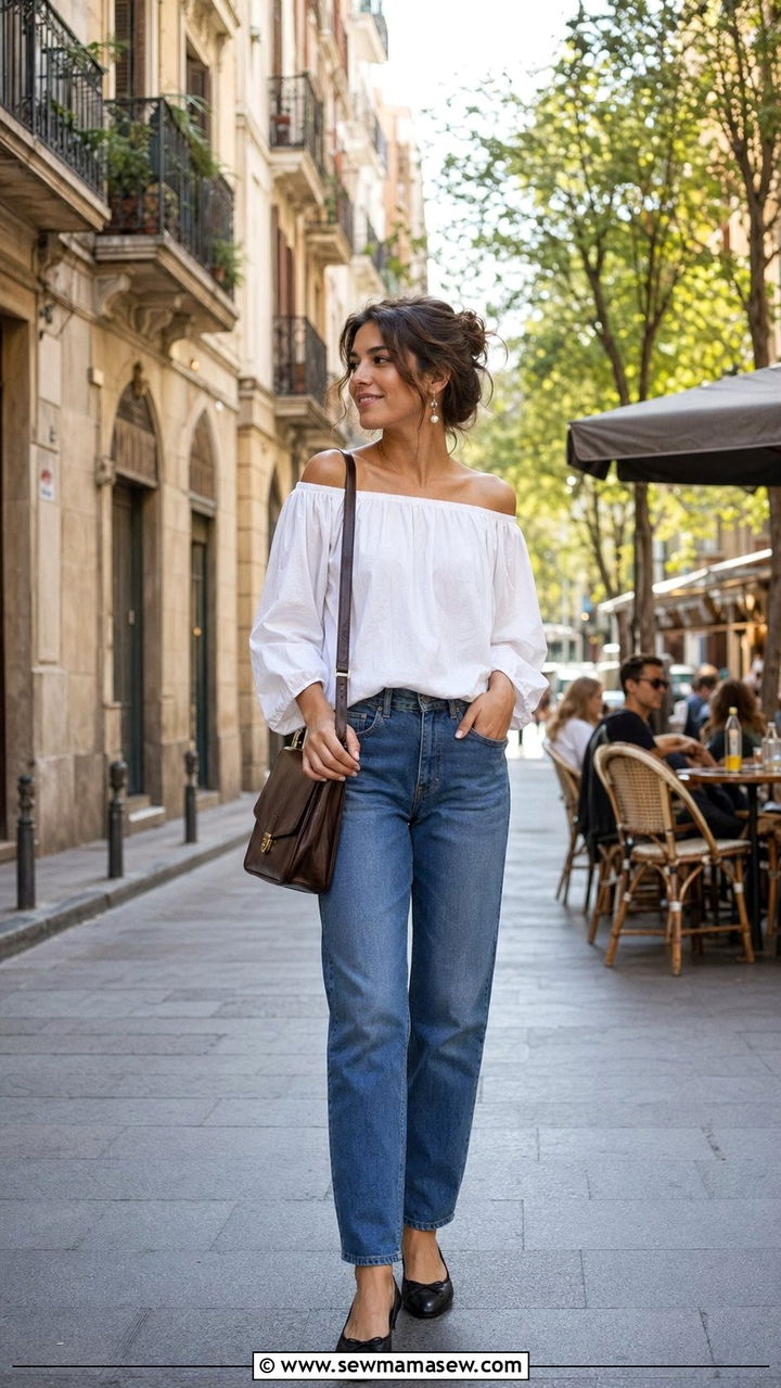 Off the shoulder top and jeans with ballet flats outfit Barcelona - 30 Barcelona vacation outfit ideas
