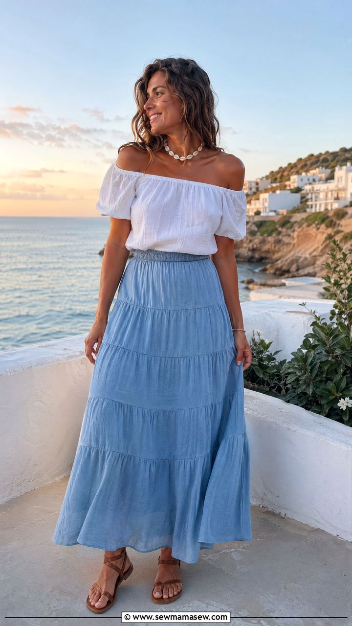 Off the shoulder top with a tiered maxi skirt and flat sandals - 35 spring to summer outfits for women