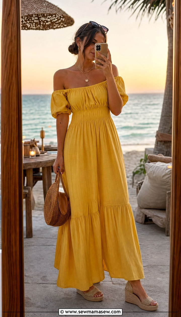 OffShoulder Maxi Dress With Woven Wedges - 35 resort outfits for women