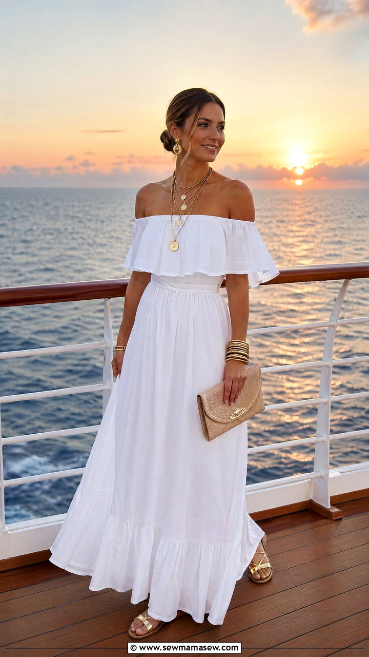 OffShoulder Maxi Dress with Gold Jewelry - 35 Cruise outfit ideas for women