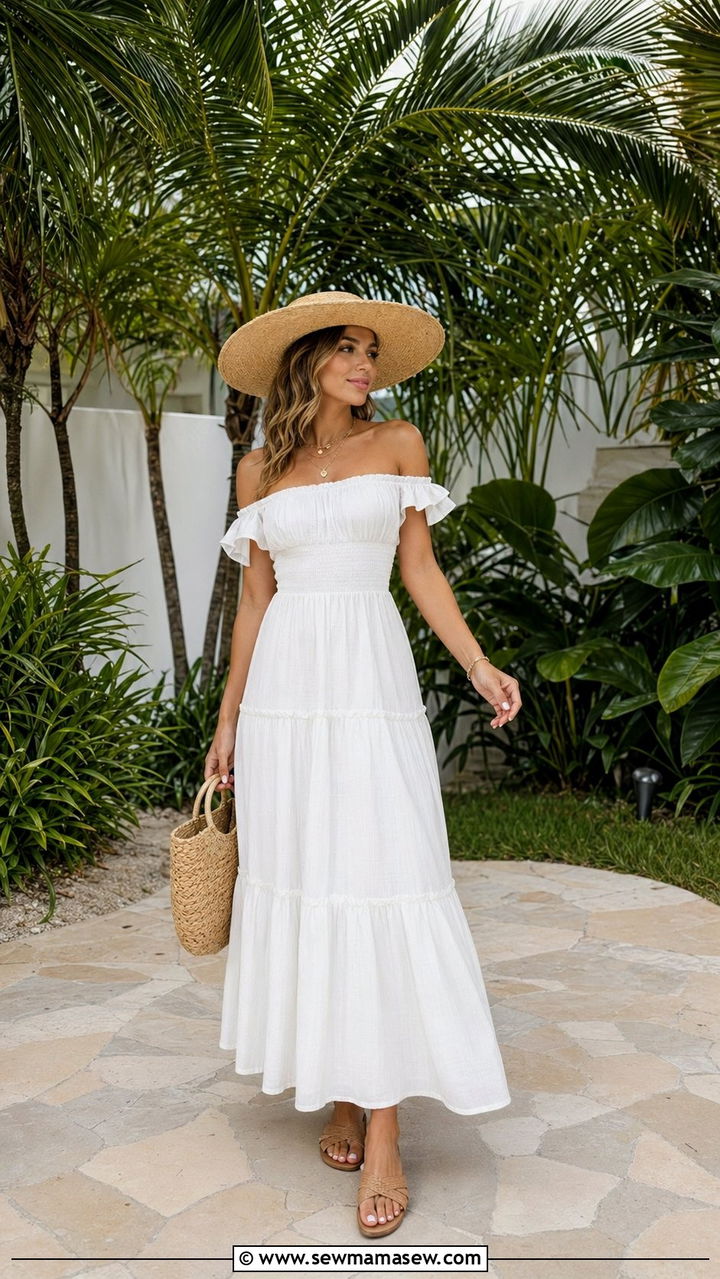 OffShoulder Sundress With Straw Hat - 30 beach vacation outfits aesthetic