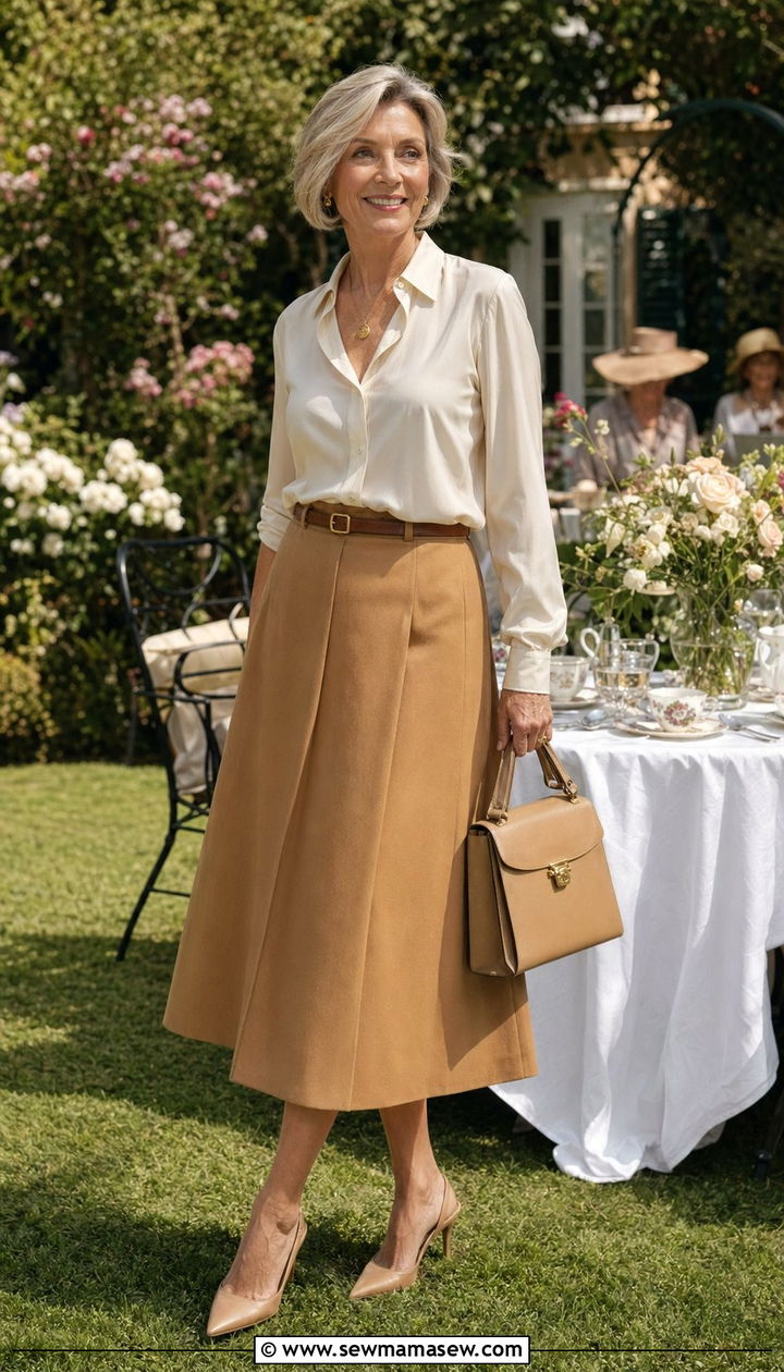Old money A line midi skirt with tucked in cream silk blouse and slingbacks - 35 Old money outfits for women over 60