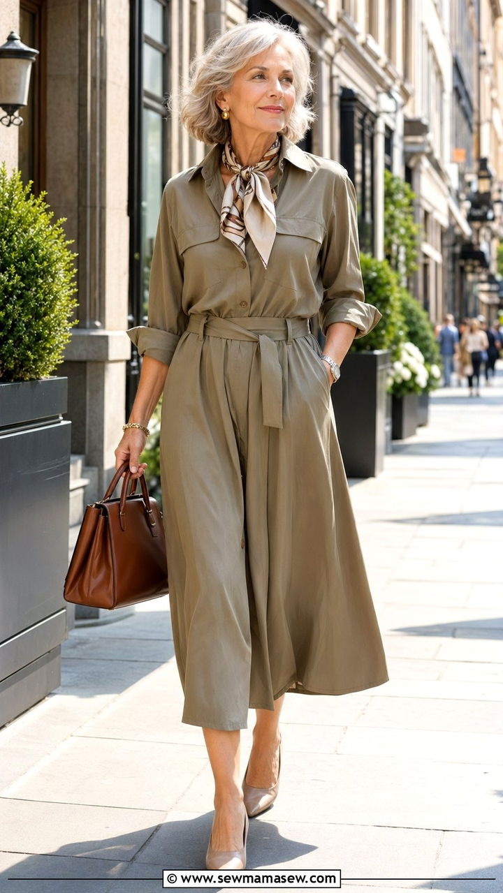 Old money belted shirt dress with leather handbag and mid heel pumps - 35 Old money outfits for women over 60