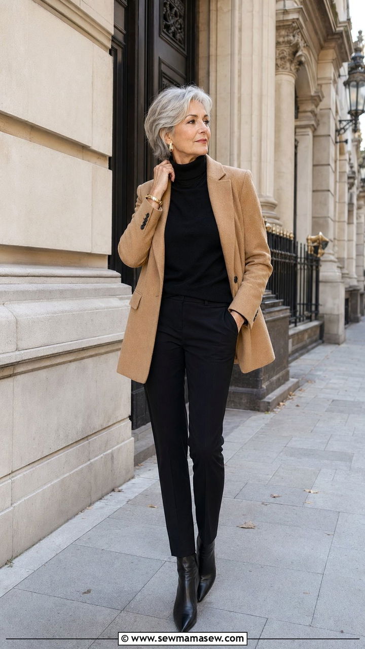 Old money black cashmere turtleneck with camel blazer and slim black trousers - 35 Old money outfits for women over 60