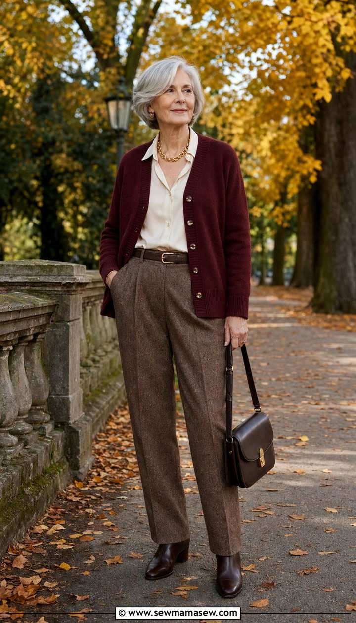 Old money burgundy wool cardigan with ivory blouse and tweed trousers - 35 Old money outfits for women over 60