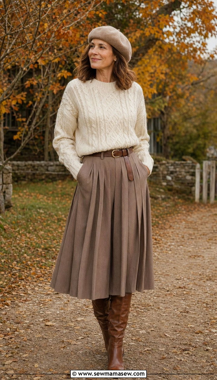 Old money cable knit sweater with pleated midi skirt and knee high boots - 35 Old money outfits for women over 60