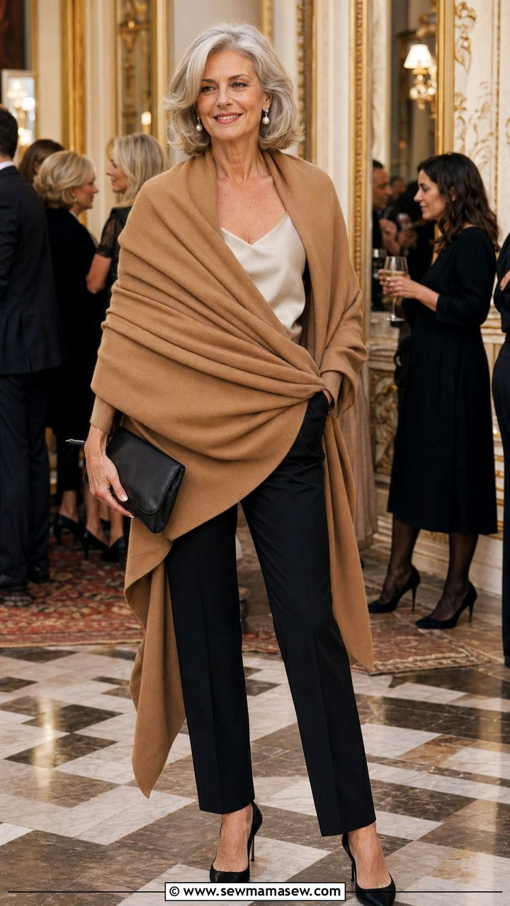 Old money camel cashmere wrap with silk camisole and tailored black trousers - 35 Old money outfits for women over 60
