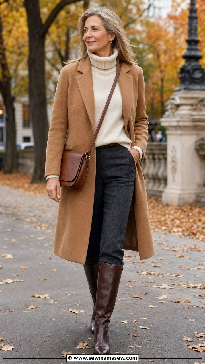 Old money camel wool coat with cashmere turtleneck and riding boots - 35 Old money outfits for women over 60