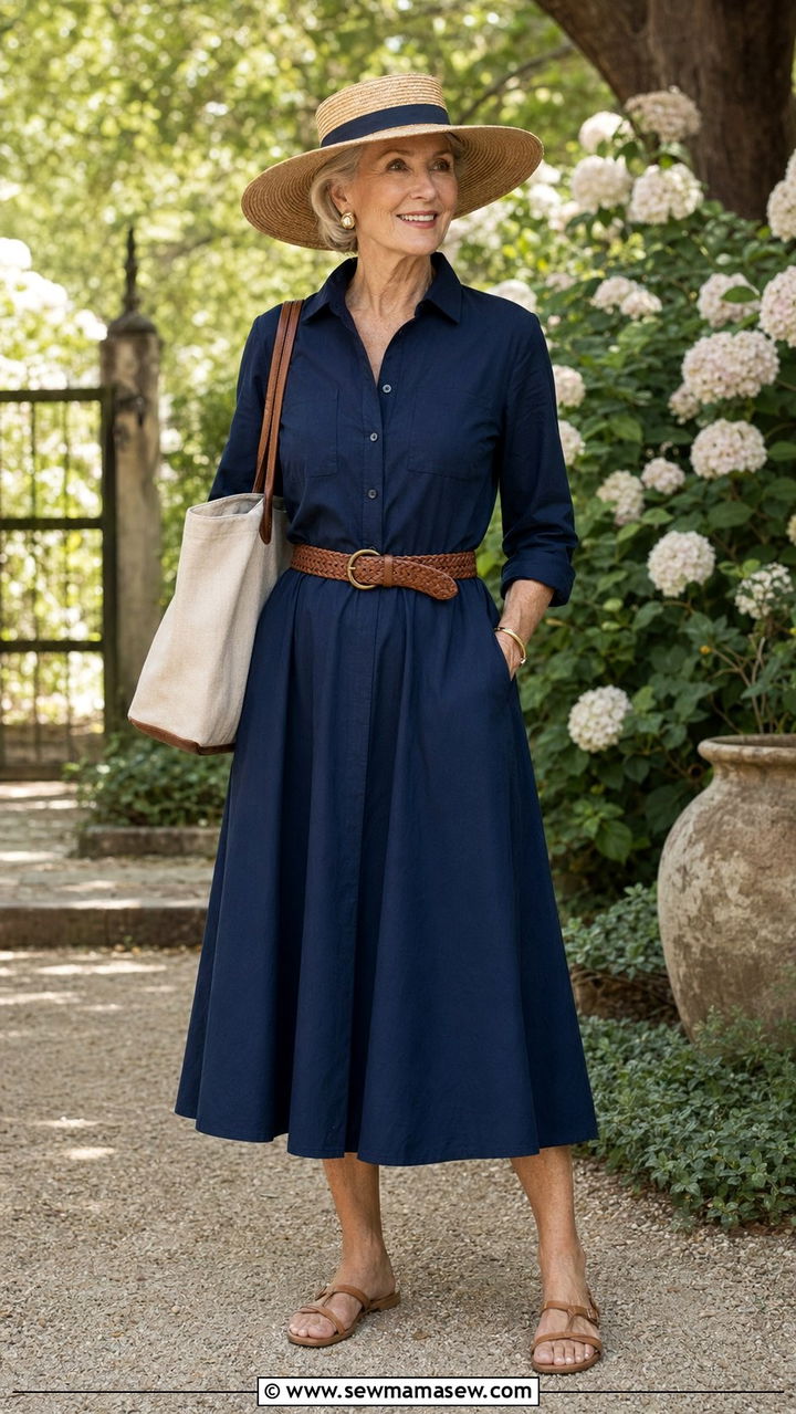 Old money cotton shirt dress with woven belt and flat sandals - 35 Old money outfits for women over 60