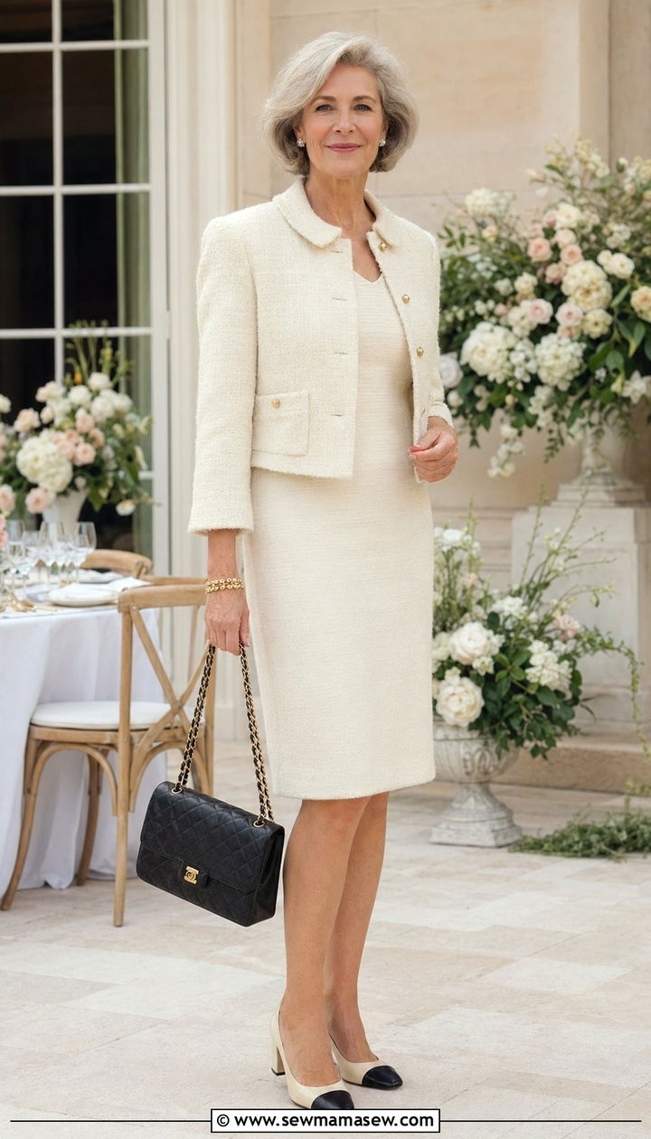 Old money cream boucle jacket with matching dress and cap toe pumps - 35 Old money outfits for women over 60