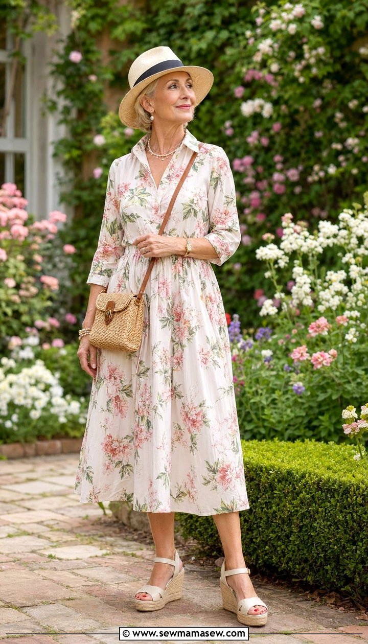 Old money floral midi dress with straw fedora and wedge sandals - 35 Old money outfits for women over 60