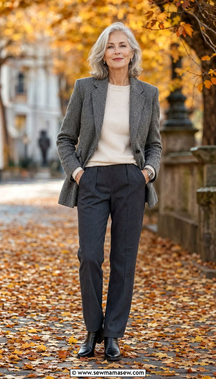 Old money gray herringbone blazer with cream sweater and dark wool trousers - 35 Old money outfits for women over 60