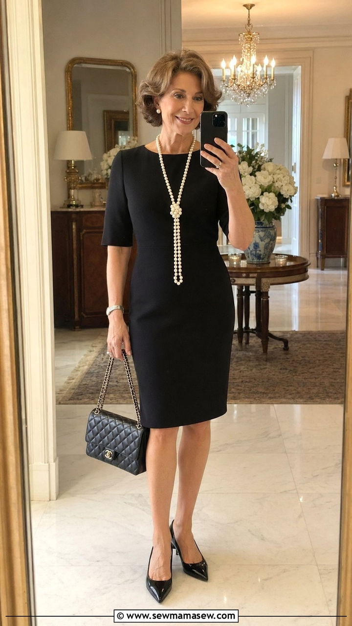 Old money little black dress with opera pearls and quilted chain bag - 35 Old money outfits for women over 60