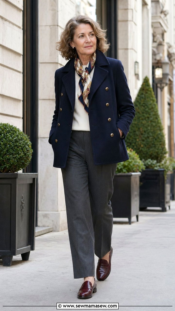 Old money navy peacoat with ivory cashmere sweater and tailored gray trousers - 35 Old money outfits for women over 60