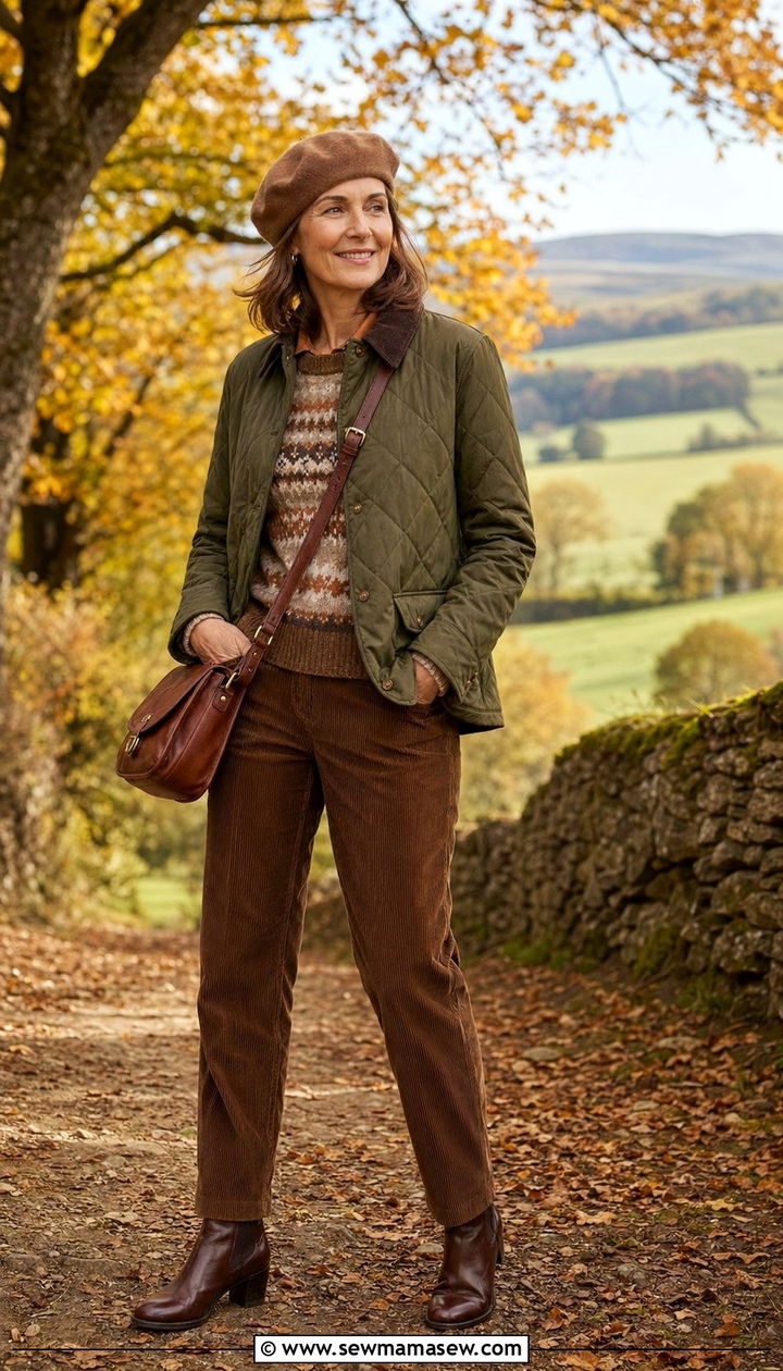 Old money olive quilted jacket with fair isle sweater and corduroy trousers - 35 Old money outfits for women over 60