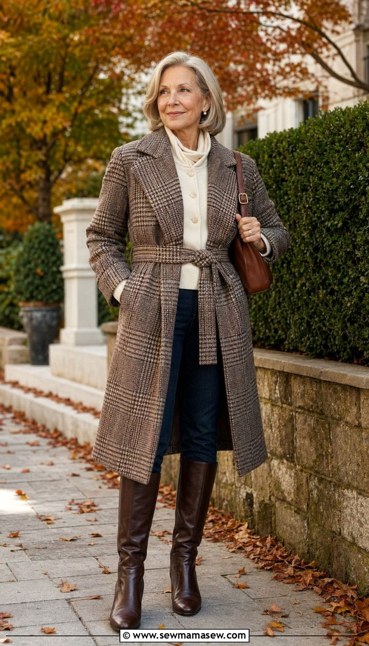 Old money plaid wrap coat with cashmere twinset and dark jeans - 35 Old money outfits for women over 60