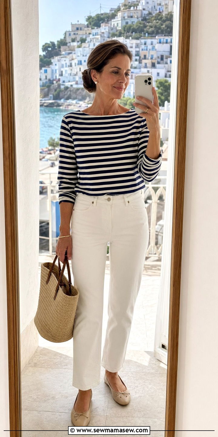 Old money striped boatneck tee with white jeans and ballet flats - 35 Old money outfits for women over 60