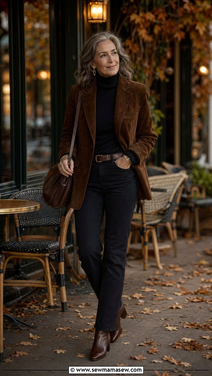 Old money suede blazer coat with turtleneck and straight leg denim - 35 Old money outfits for women over 60