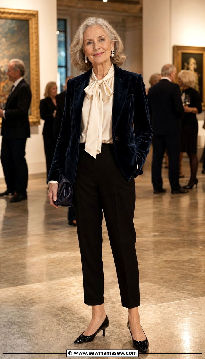 Old money velvet evening blazer with silk blouse and tapered trousers - 35 Old money outfits for women over 60