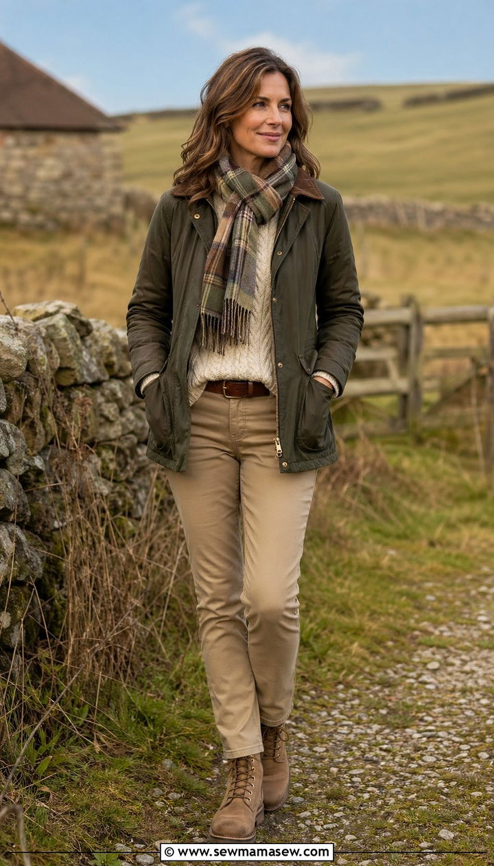 Olive Barn Jacket With Cream Cable Knit And Khaki Chinos - 35 Old money outfits for women over 40