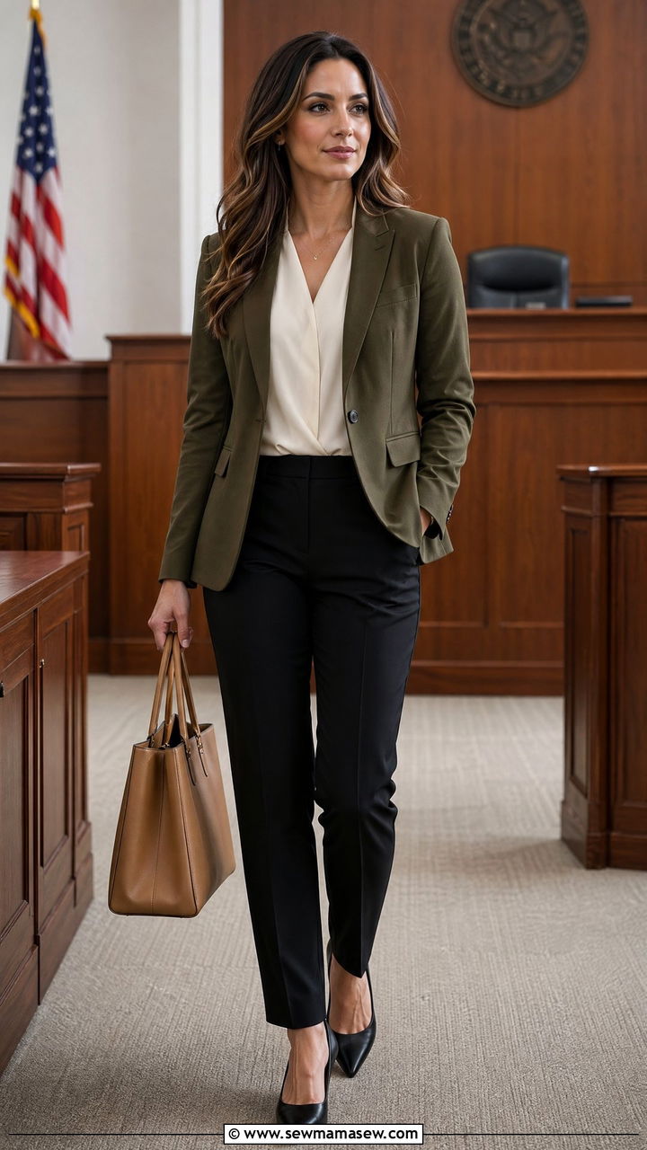 Olive Blazer And Cream Blouse Court Outfit - 35 Court appearance outfit ideas