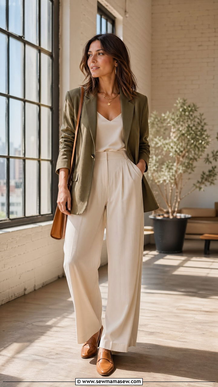 Olive Blazer With Cream Wide Leg Trousers And A Silk Cami - 35 Classic business casual outfits