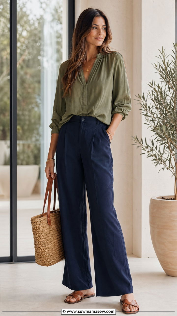 Olive Blouse And Navy Wide Leg Trousers - 35 spring everyday outfit ideas