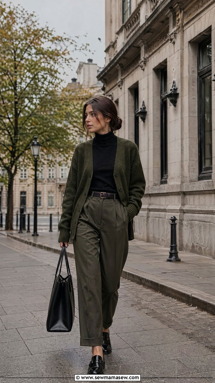 Olive Cardigan and Matching Trousers with Black Loafers - 35 dark academia outfits
