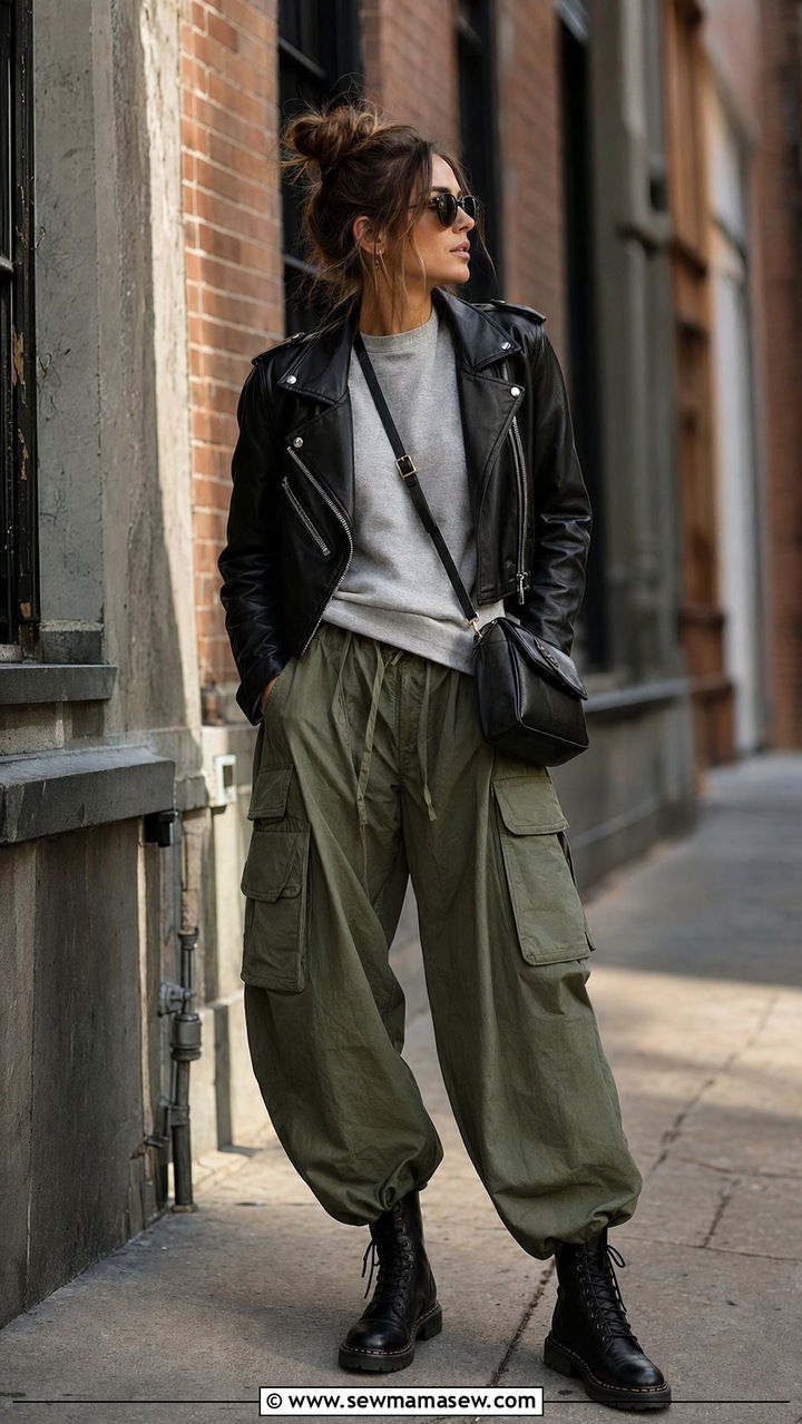 Olive Cargo Balloon Pants With Leather Moto Jacket - 30 balloon pants outfits