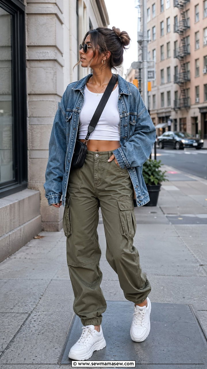 Olive Cargo Pants With White Cropped Tank - 35 cute outfits ideas