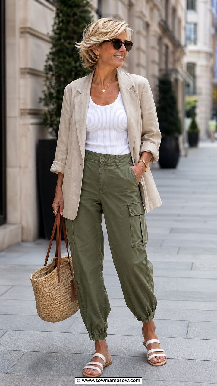 Olive Cargo Pants With White Tank And Oversized Linen Blazer - 35 Summer outfits for women over 50