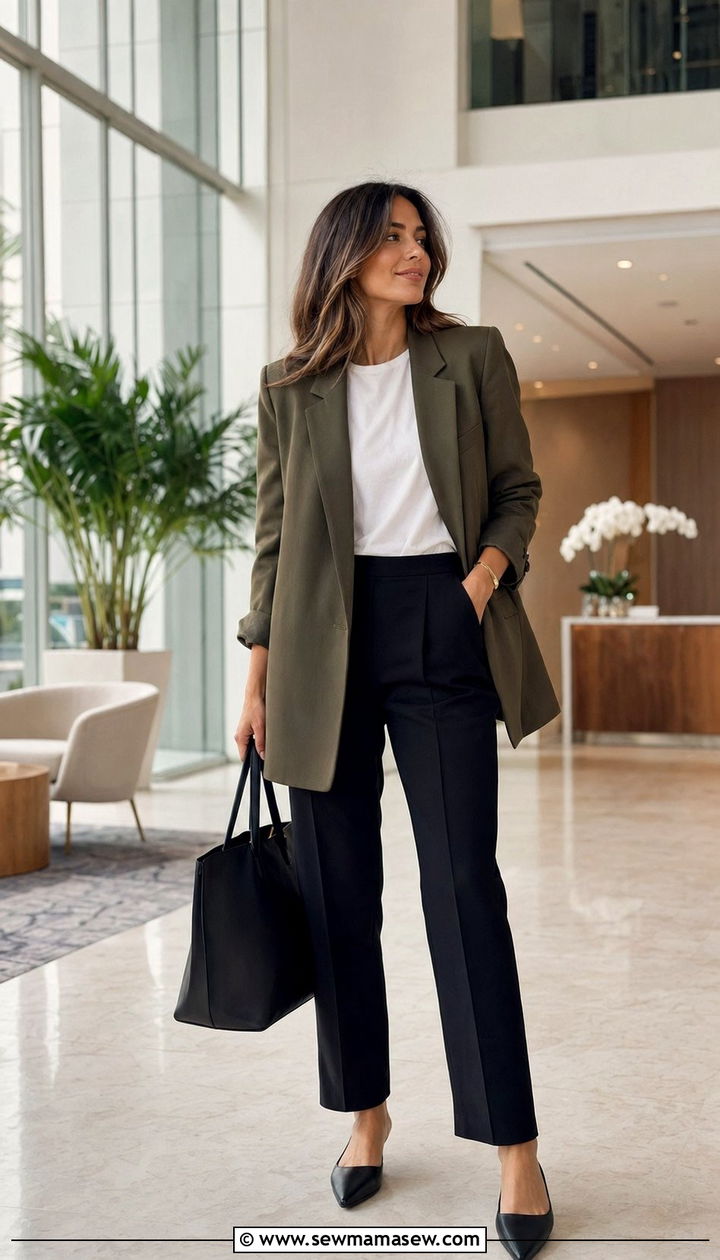 Olive Green Blazer With White Tee And Black Trousers - 35 Olive green outfit ideas