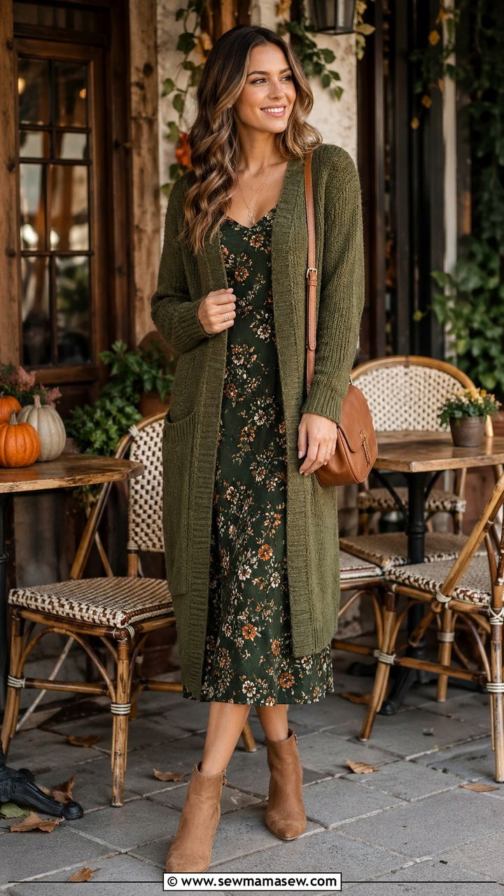 Olive Green Cardigan And Midi Dress - 40 All green outfit ideas