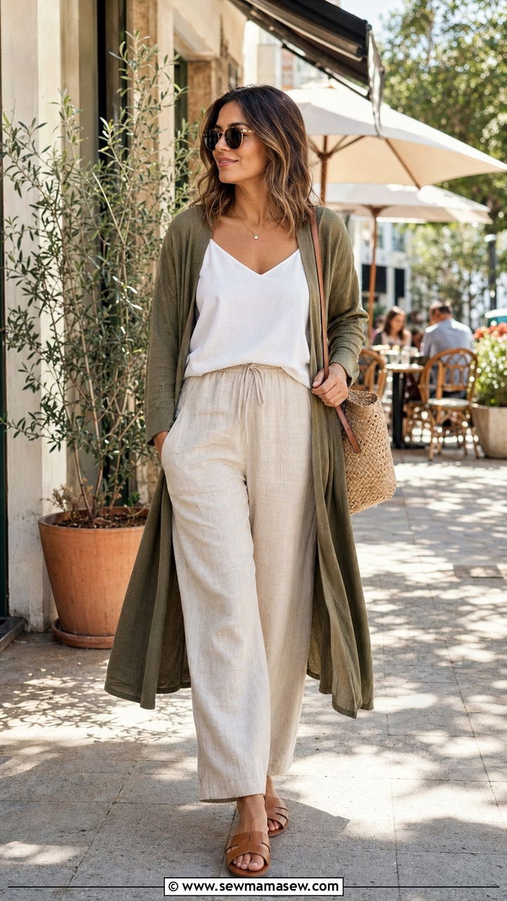 Olive Green Cardigan With White Cami And Beige Linen Trousers - 35 Olive green outfit ideas