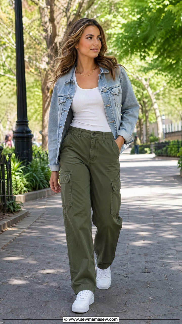 Olive Green Cargo Pants With Denim Jacket - 35 Spring outfits in olive green