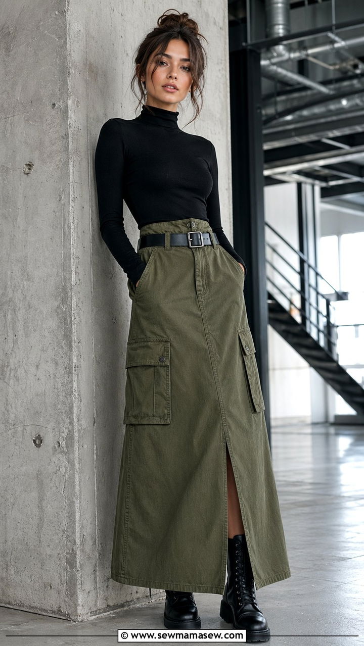 Olive Green Cargo Skirt With Black Turtleneck And Combat Boots - 35 Olive green outfit ideas