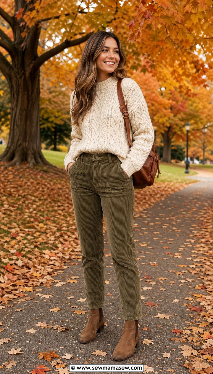 Olive Green Corduroy Pants With Cable Knit Sweater And Boots - 35 Olive green outfit ideas