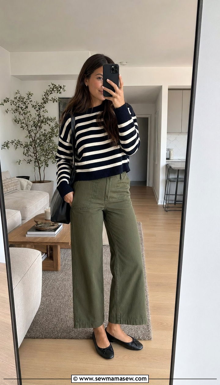 Olive Green Cropped Wide Leg Pants With Striped Sweater And Ballet Flats - 35 Olive green outfit ideas